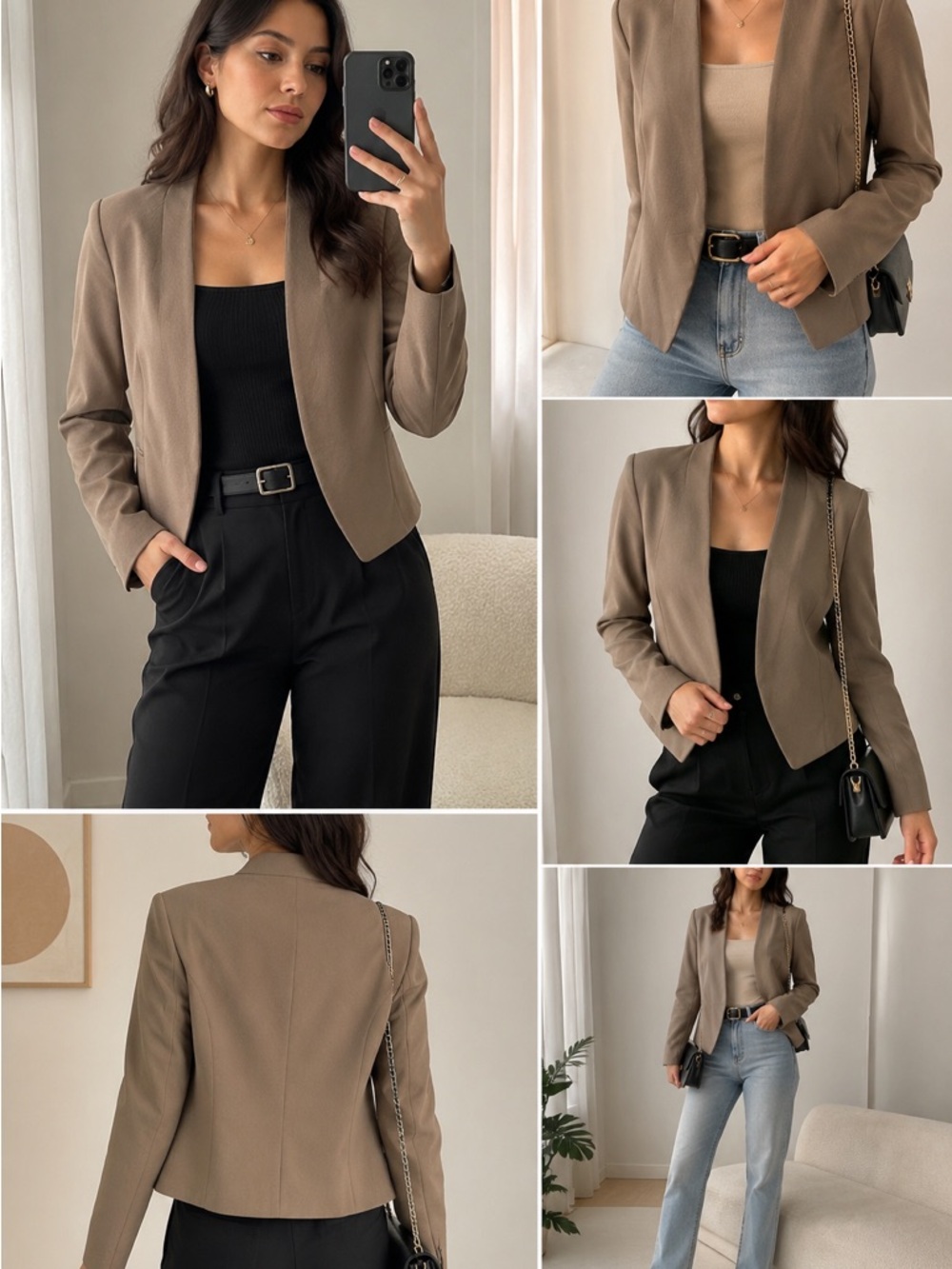 Tailored Open-Front Blazer in Taupe